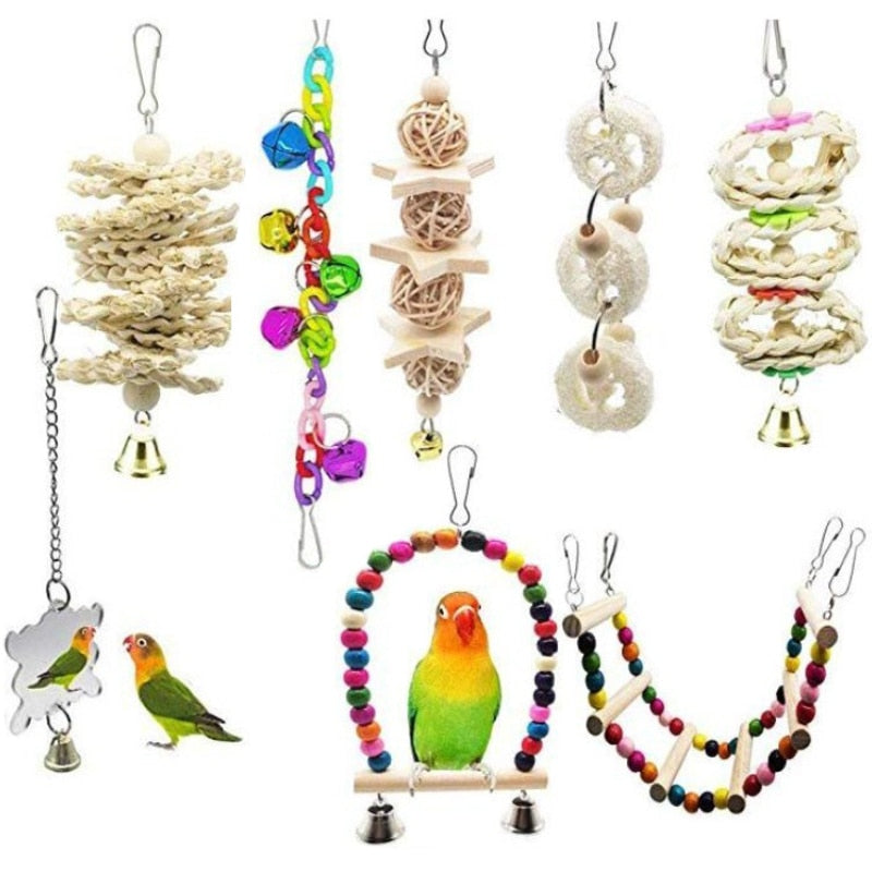 10PCS Parrot Bird Toys Wood Articles Pet Bird Set Combination Toys For Parrot Ladder Training Bird Toy Swing Ball Bell Standing