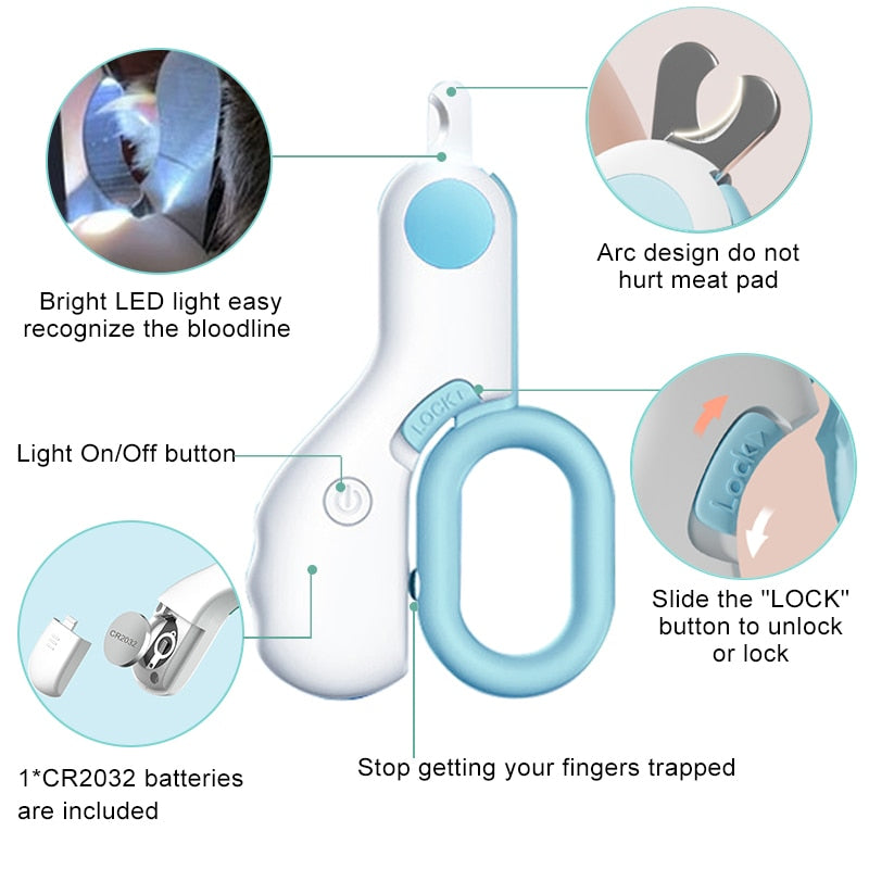 Professional Pet Nail Clipper LED Light Cat Dog General Lighting Ear Mites for Nail File Beauty Tool Trimmer with Safety Lock