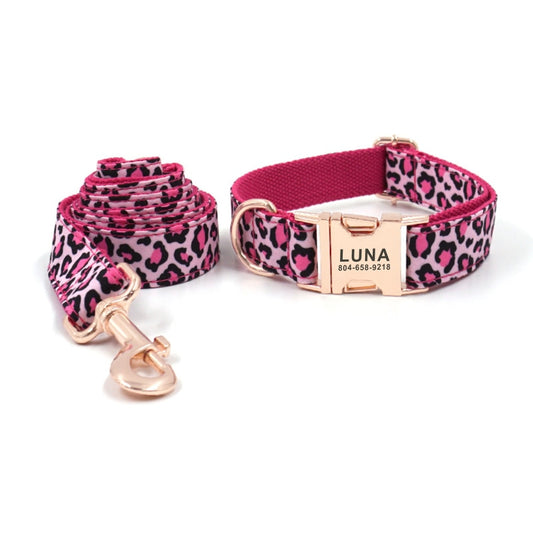 Personalized Dog Collar Customized Pet Collars Free Engraving ID Nameplate Tag Pet Accessory Pink Leopard Puppy Collar Leash Set