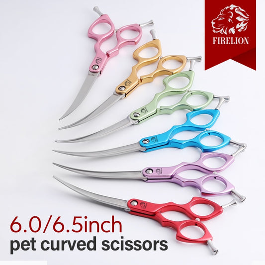 FIRELION Professional 440C 6.0/6.5 Inch Colorful Dog Grooming Cutting Scissors Pet Curved Scissors for Dogs Face