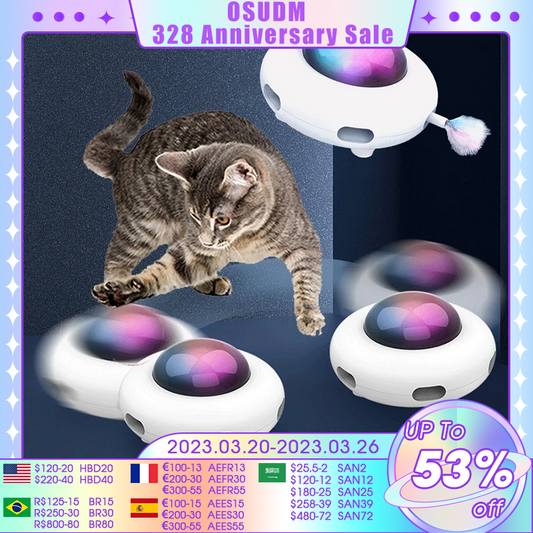 OSUDM Smart Teaser Cat Toy Automatic Funny Cat Toy Electric UFO Turntable With Feather USB Charging Training Kitten Pet Products