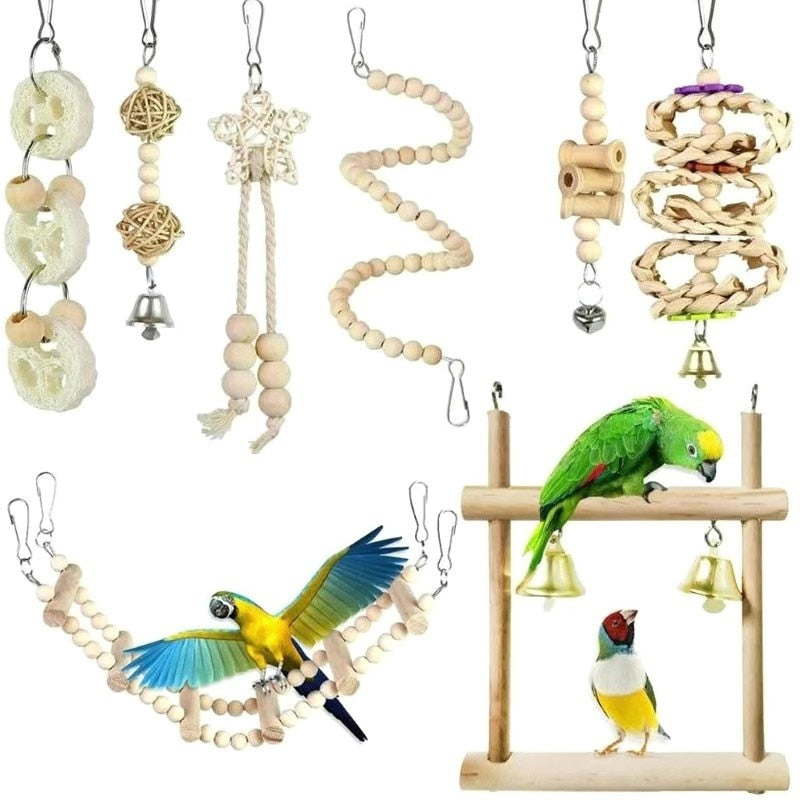 10PCS Parrot Bird Toys Wood Articles Pet Bird Set Combination Toys For Parrot Ladder Training Bird Toy Swing Ball Bell Standing