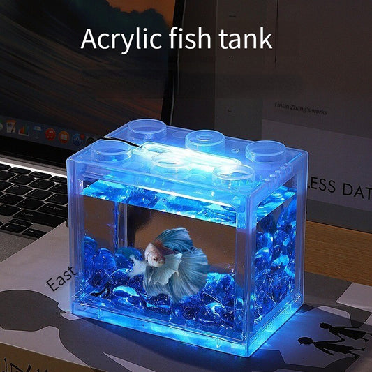 Mini Betta Fish Tank Creative Building Block Fish Cylinder Landscape Lamp LED Light Home Table Decoration accesorios para pecera