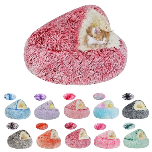 Fluffy Warming Cat Cave Bed Calming Dog Bed Semi-closed House  Donut Dog Cuddler Bed Machine Washable Round Pet Bed